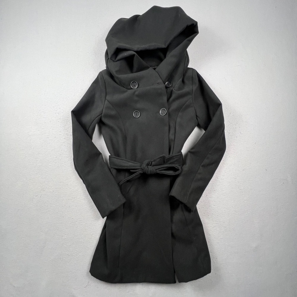 F de la Passion Paris Hooded Coat Women S Black Wool Blend Belted Made In Italy